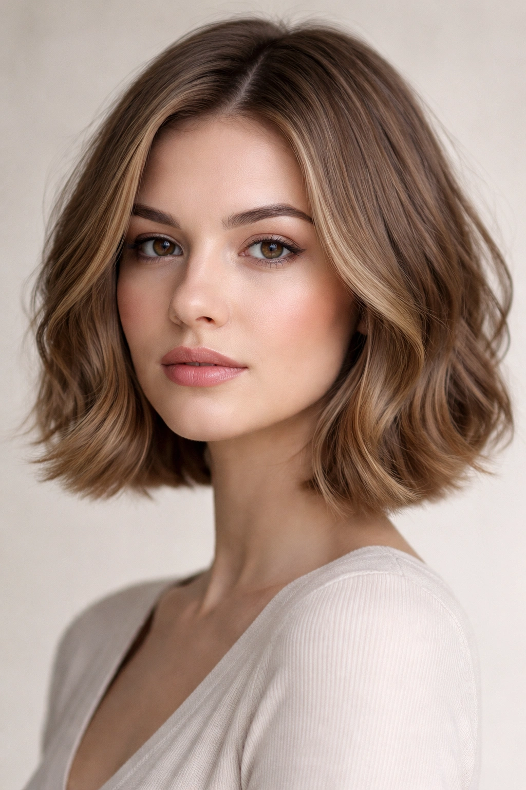Portrait of chin-length straight hair with subtle waves styled for definition.