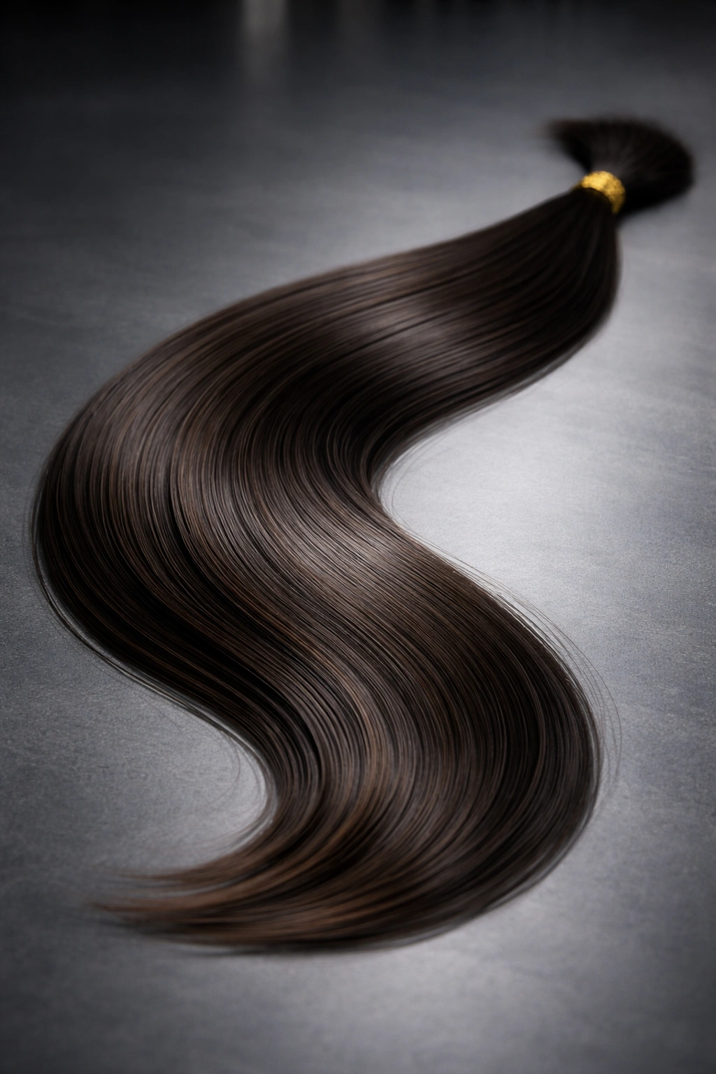 Long straight hair strand on an industrial gray surface