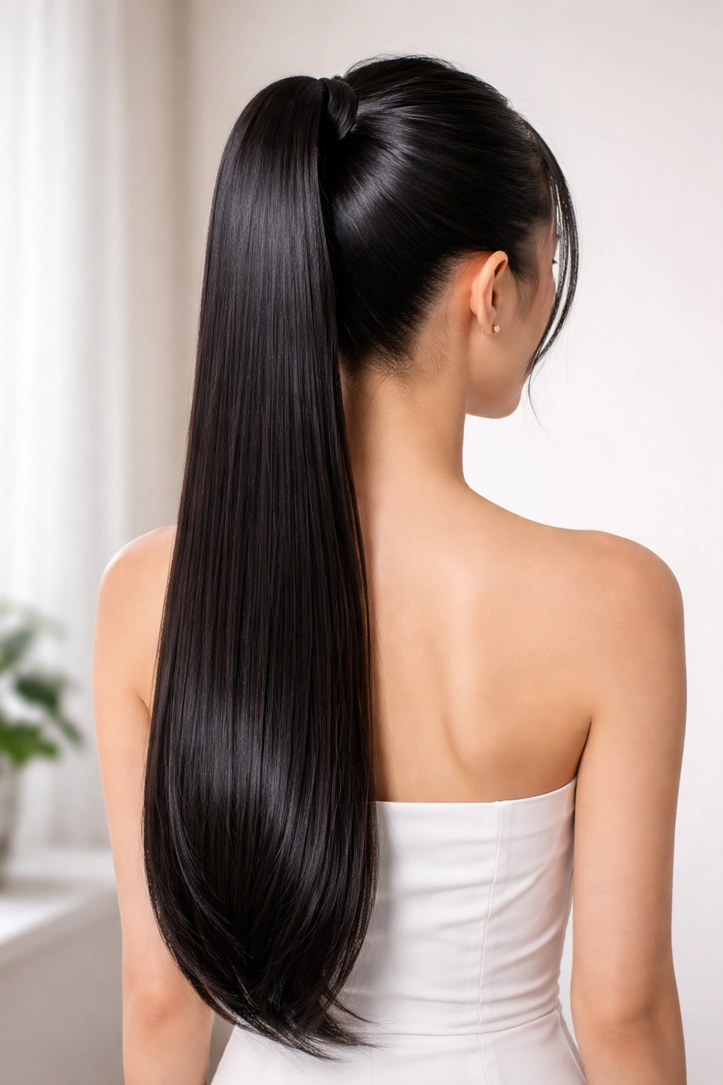Back view of a long sleek ponytail with mirror-like shine