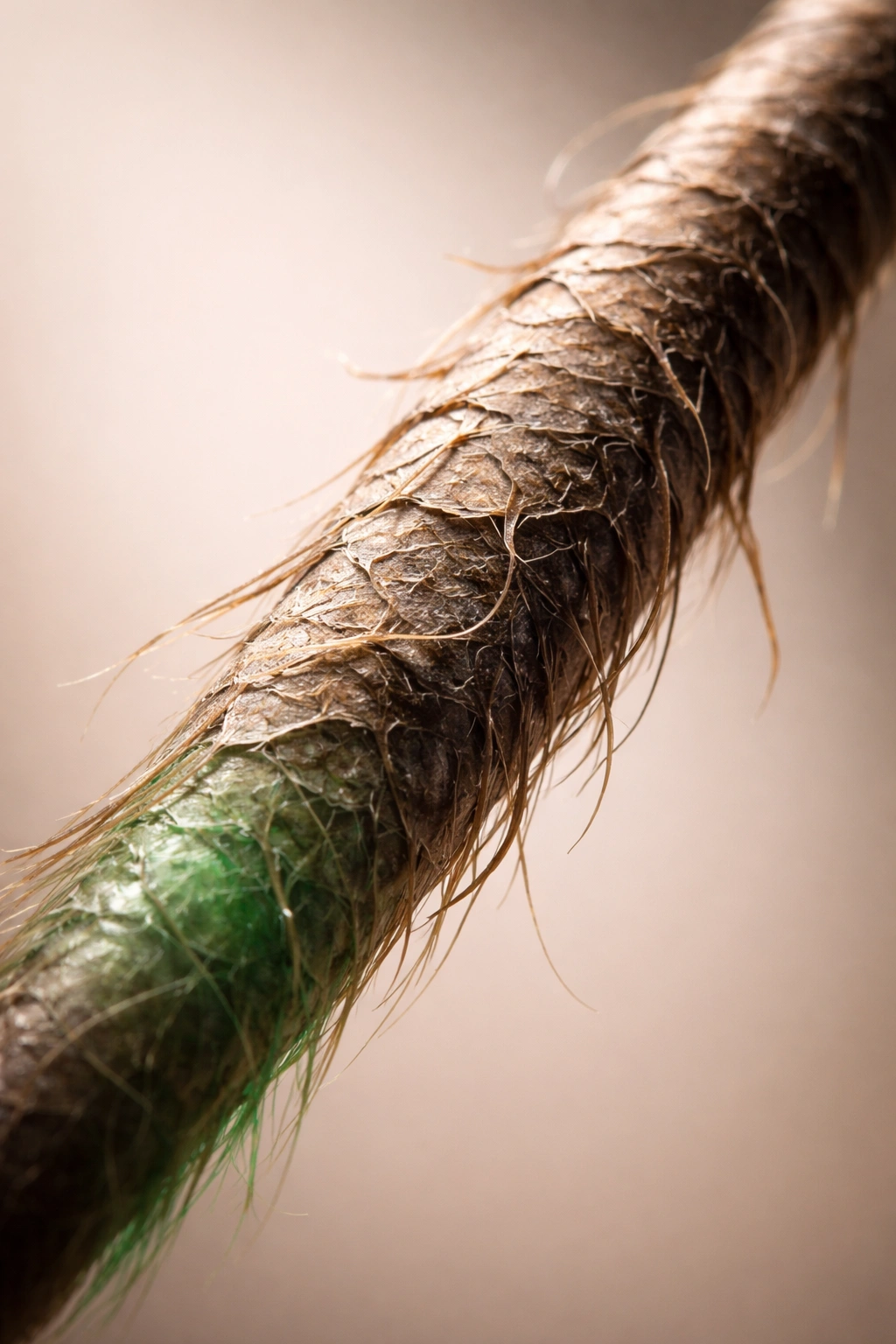 Close-up of a hair strand showing chlorine-induced dryness and rough cuticle