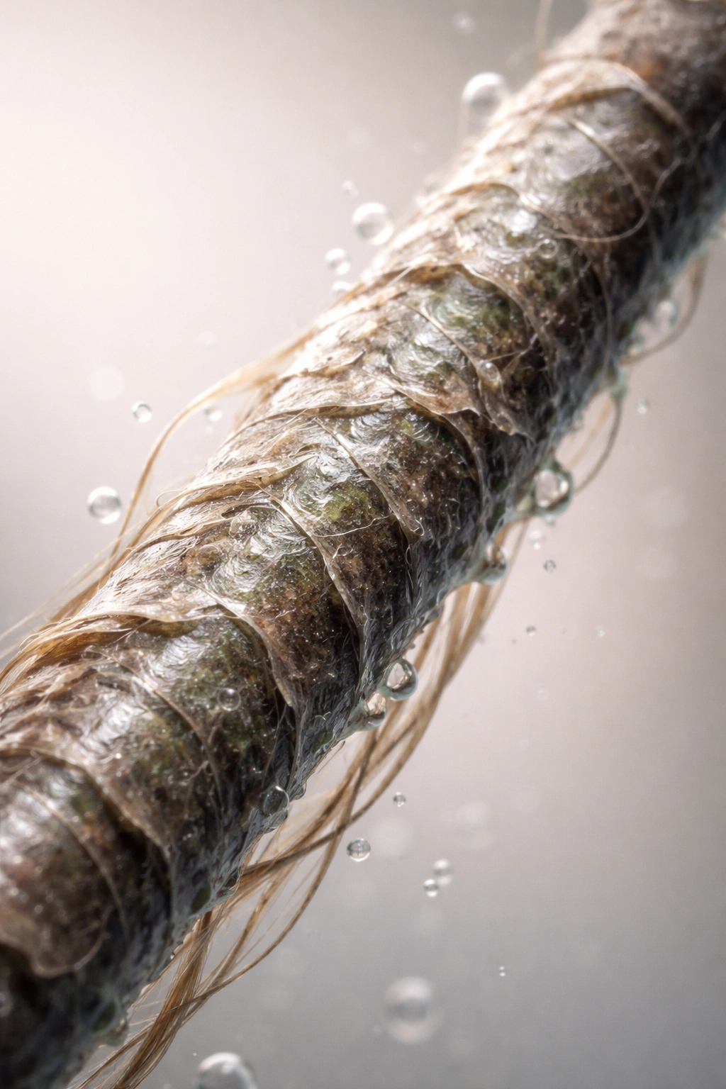 Macro close-up of a damaged hair strand with chlorine film