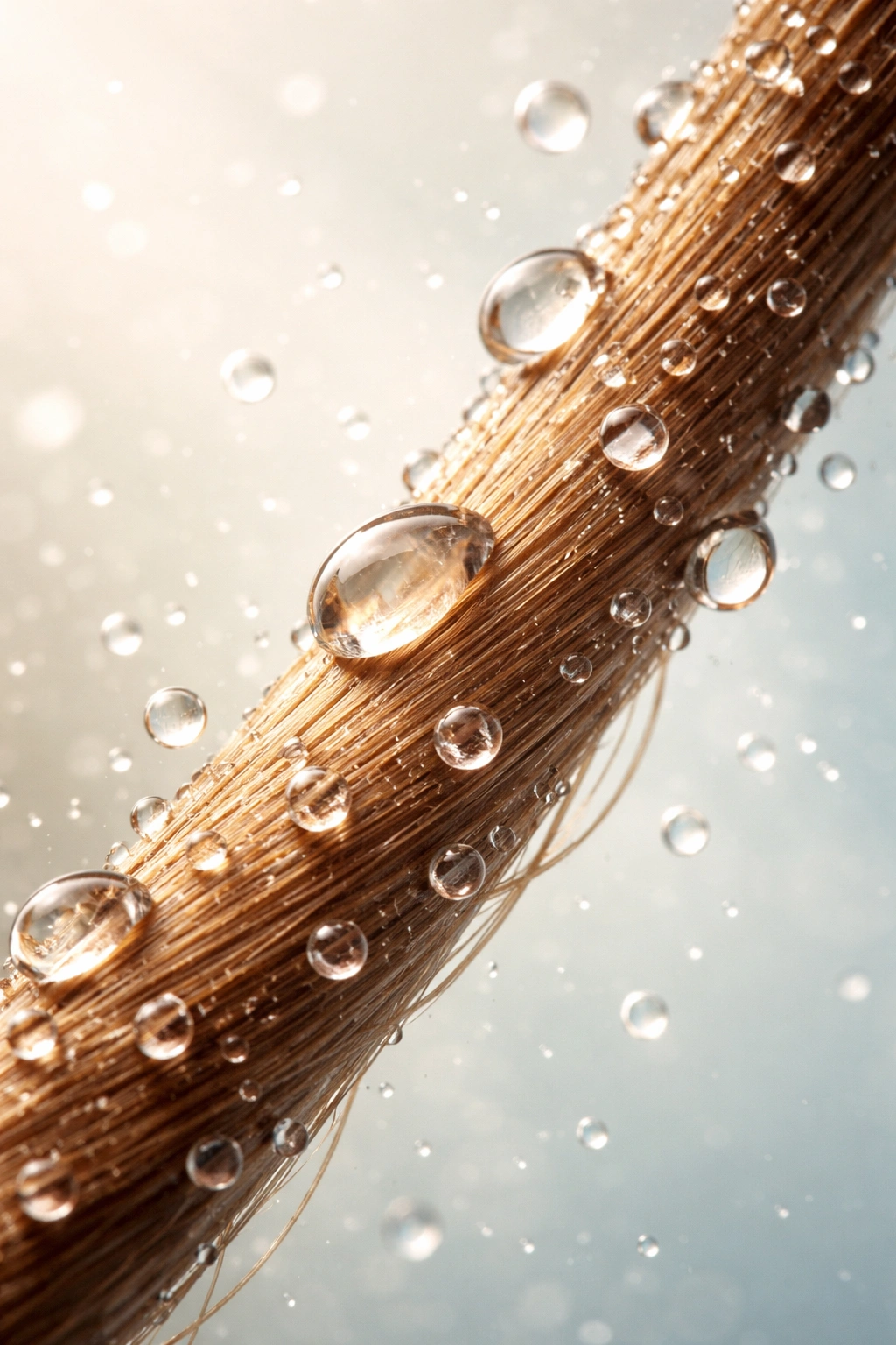Close-up of a hair strand with water droplets illustrating chlorine myths