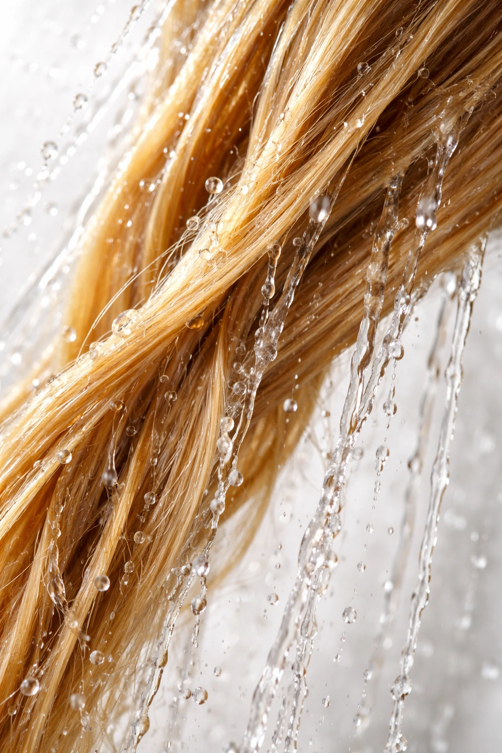 Hair strand with water droplets showing chlorine being rinsed away