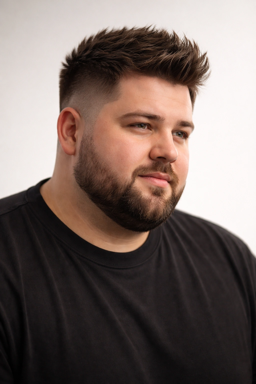 Portrait of a man with a textured crop and balanced sides in a clean studio