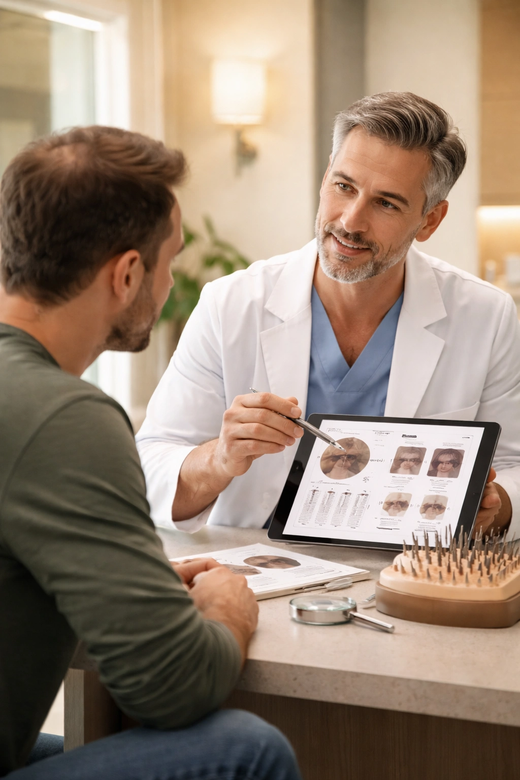 Patient consulting with surgeon about selecting a hair transplant surgeon