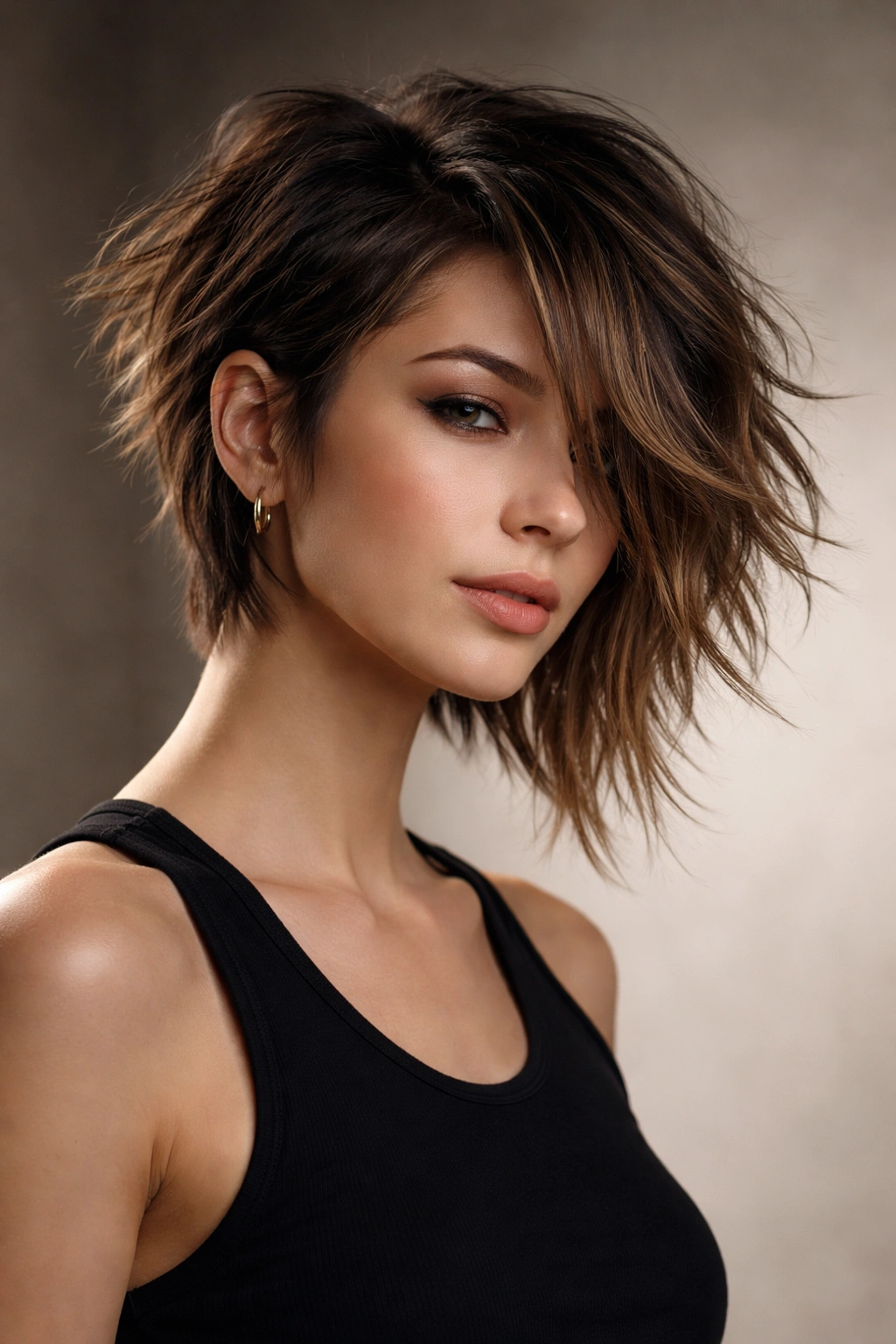 Three-quarter portrait showing an asymmetrical cut with opposite-length sides and choppy texture