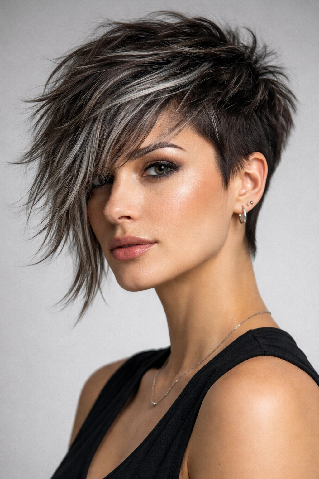Close-up of a choppy asymmetrical cut with gray highlights