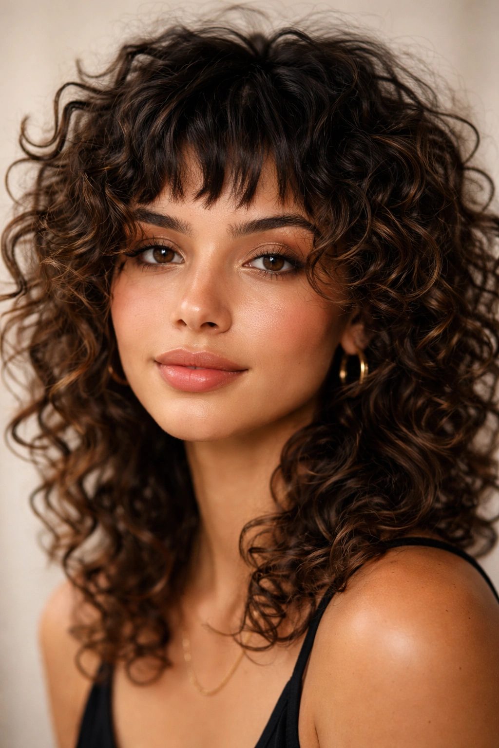 Close-up of uneven, textured choppy bangs on curly hair