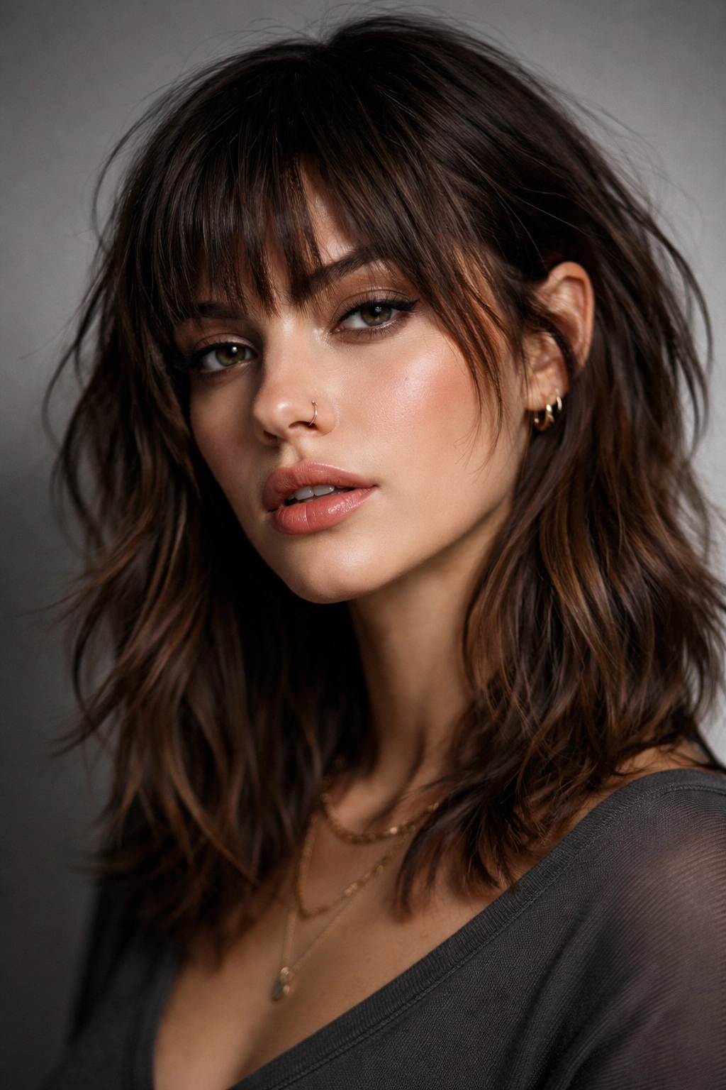 Choppy bangs with jagged, uneven fringe and textured layers in a studio portrait