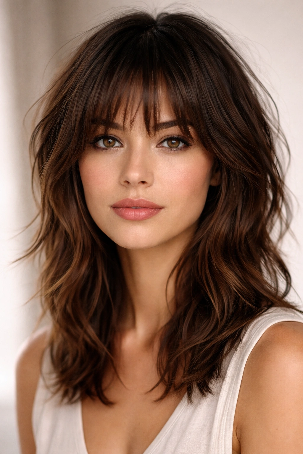 Close-up portrait of a person with choppy bangs and layered hair
