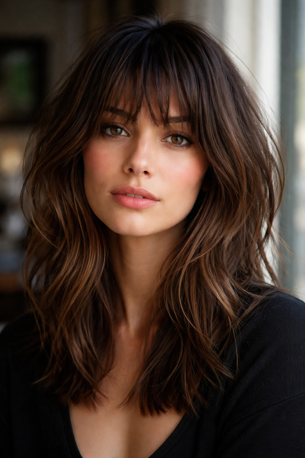Portrait with choppy, uneven bangs and textured medium-length hair