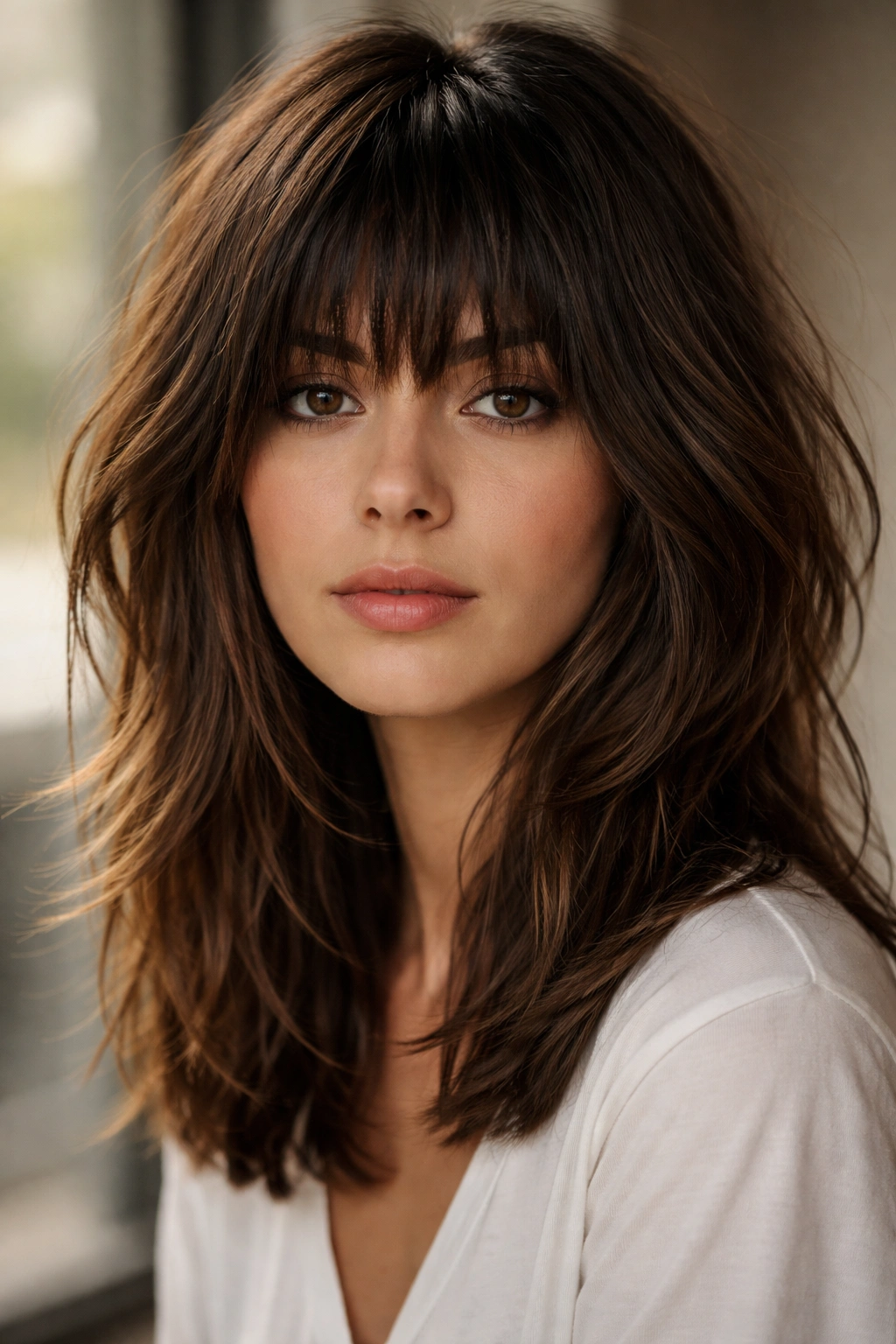15 Bang Styles That Pair Well With Medium Hair 4 Portrait of a person with choppy layered bangs and textured medium-length hair