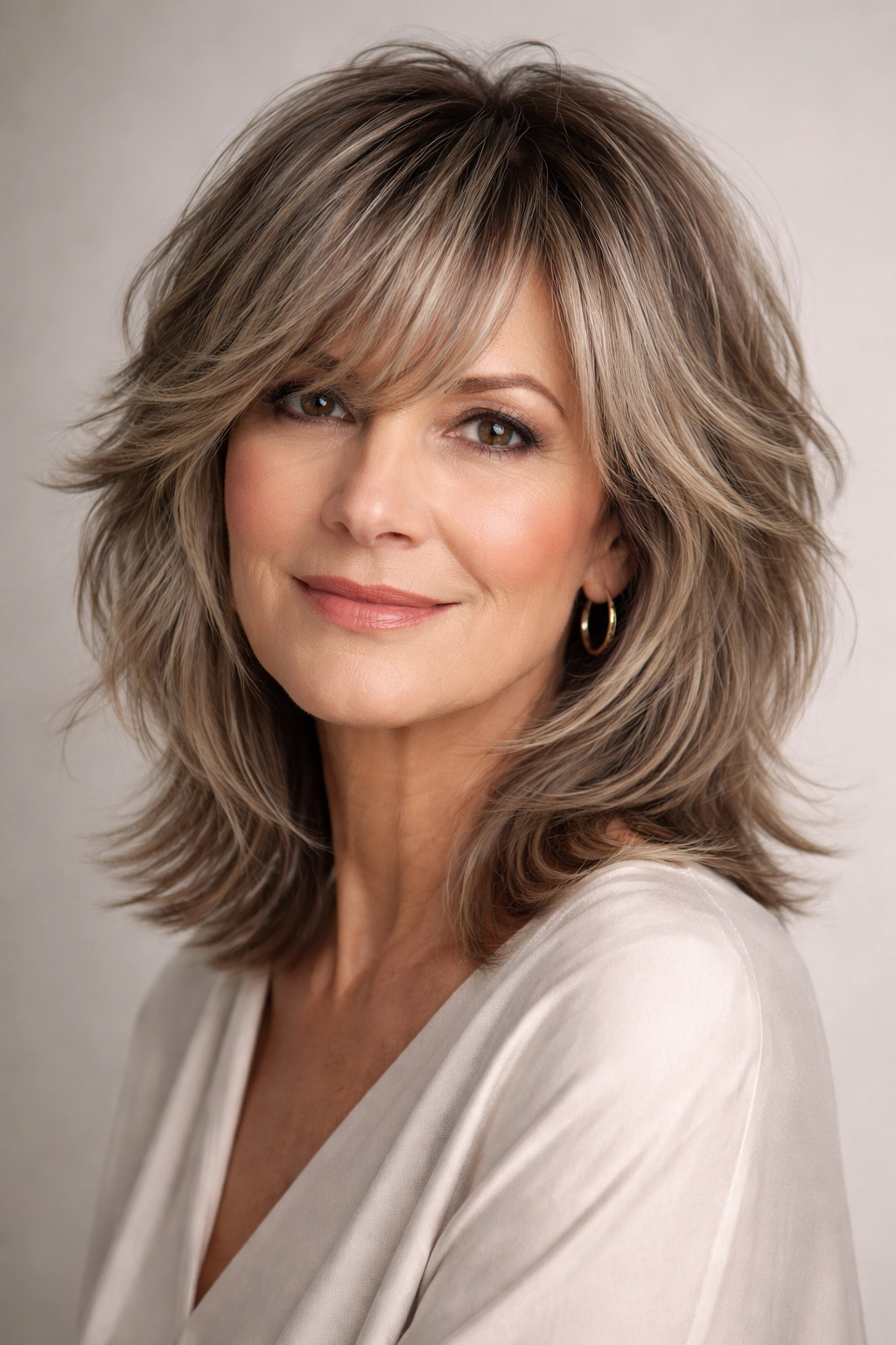 Mature woman with choppy-bangs shag and blended face-framing layers