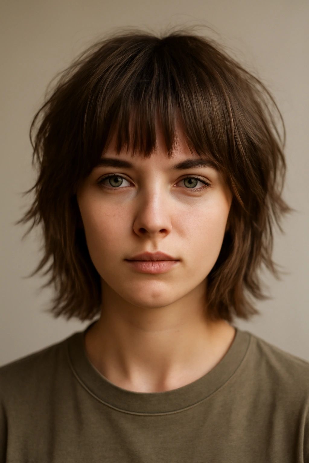 20 Short Shag Haircuts for Easy, Effortless Mornings 2 Portrait of a model with choppy bangs shag showing edgy bangs and layered texture