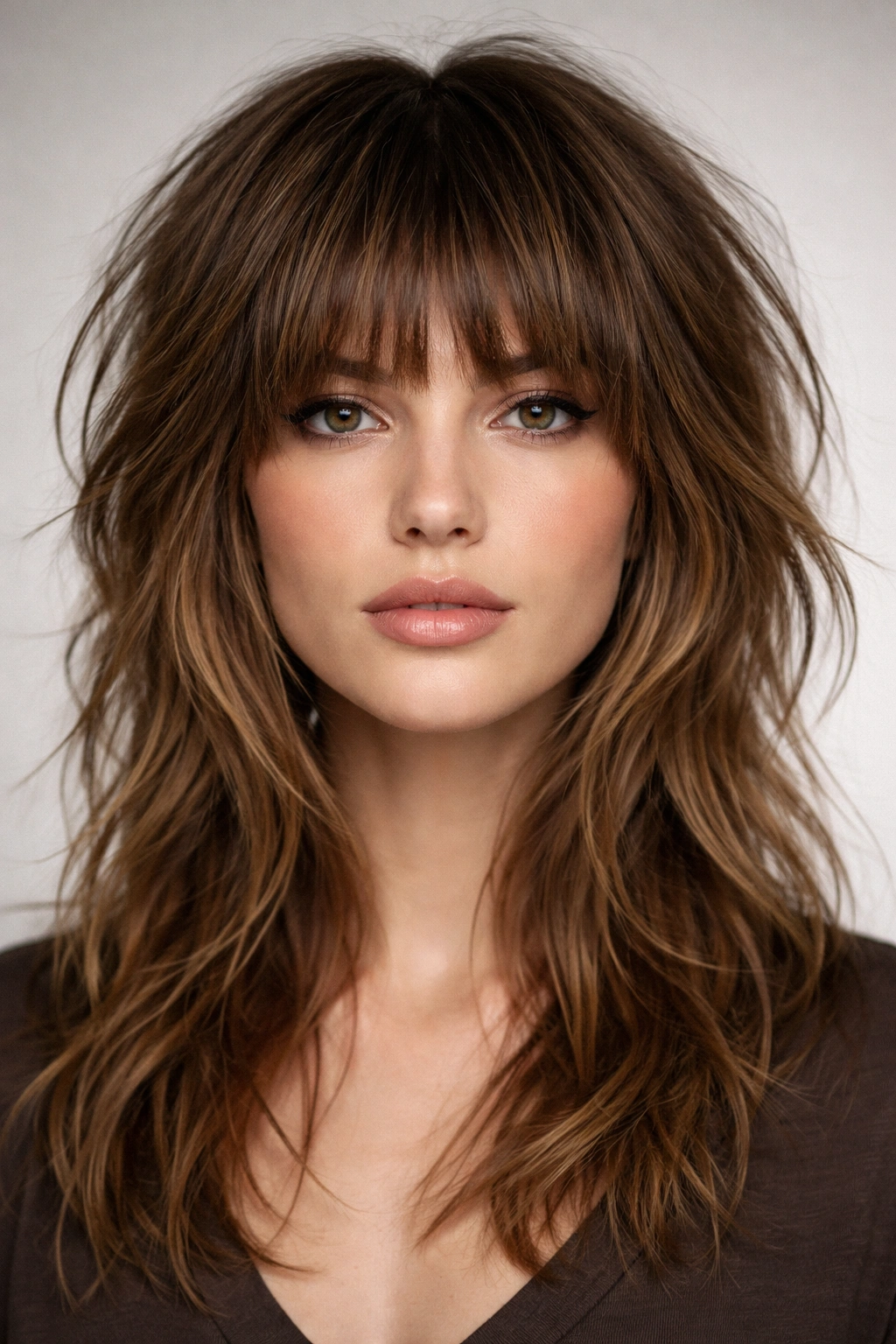 18 Textured Shag Layered Cuts With Great Movement 5 Front view of choppy bangs shag showing textured bangs and layered hair