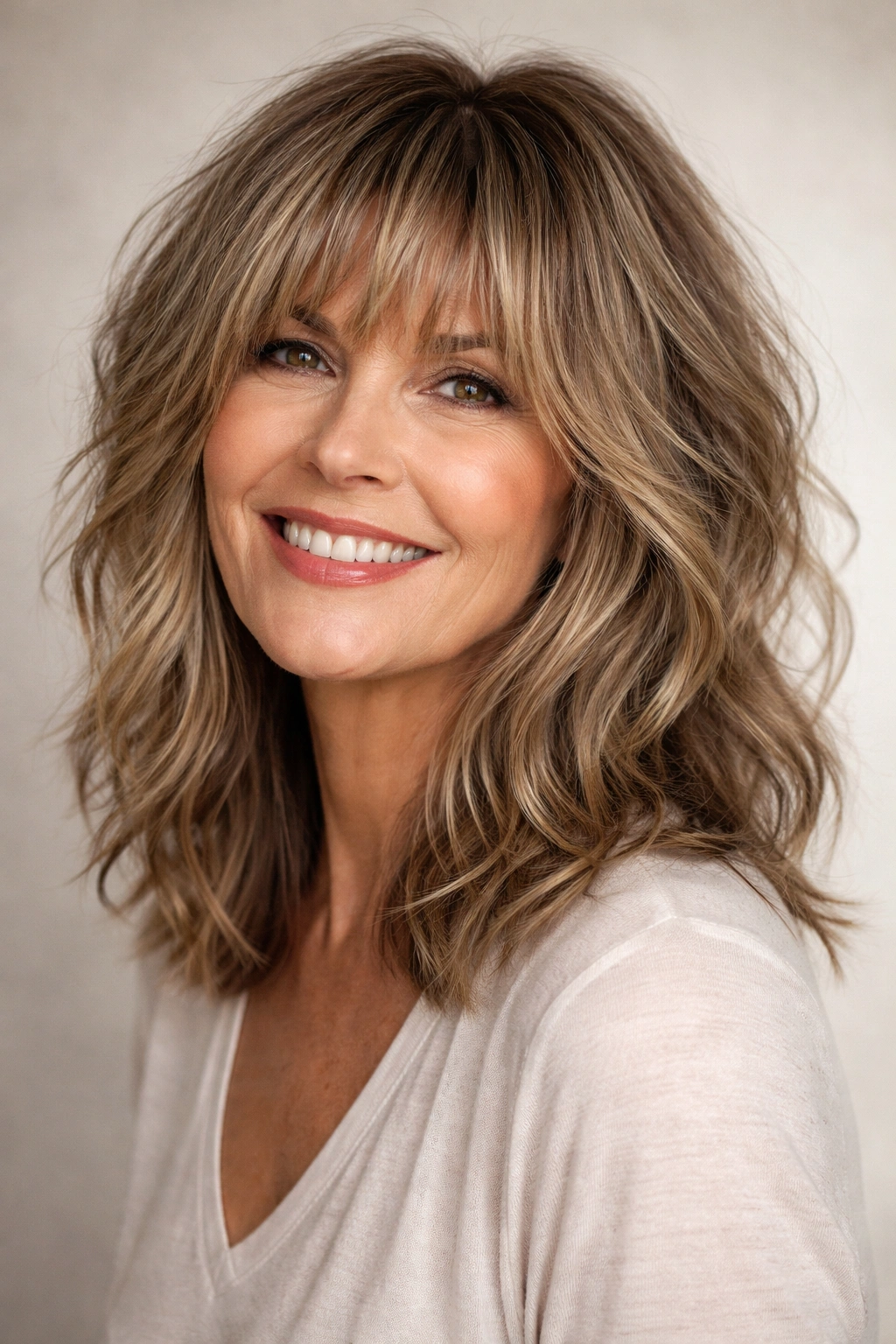 Choppy textured bangs with shaggy lob showing movement