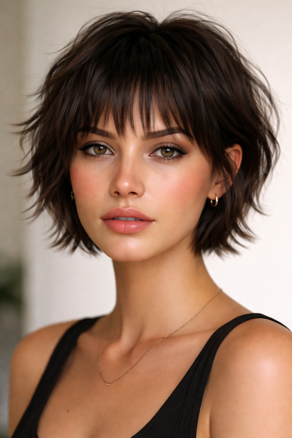 Front portrait of a model with choppy bangs and short textured hair