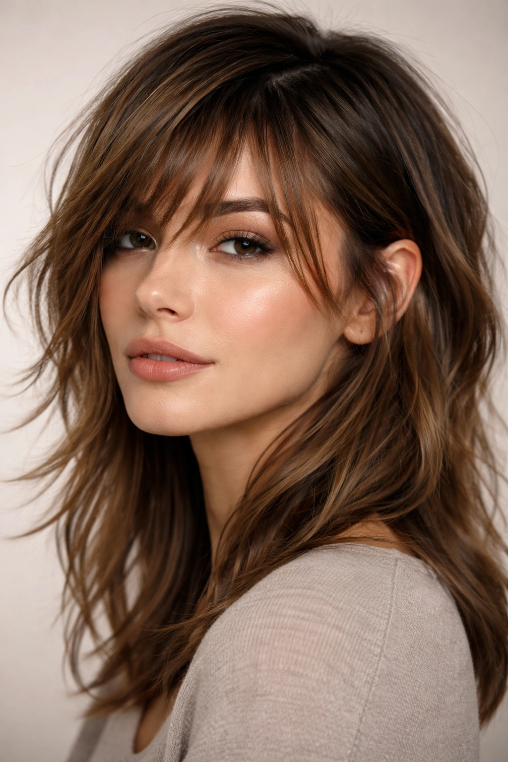 Choppy piecey bangs with textured side part