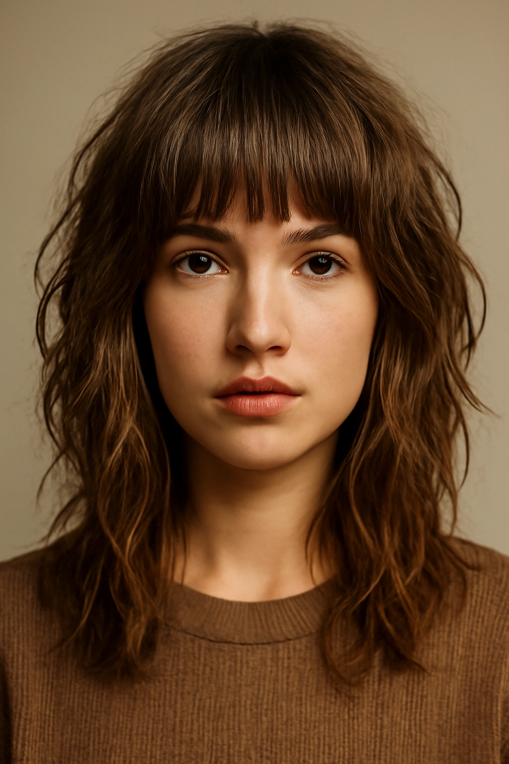 Portrait showing choppy blunt bangs with shag cut and textured waves