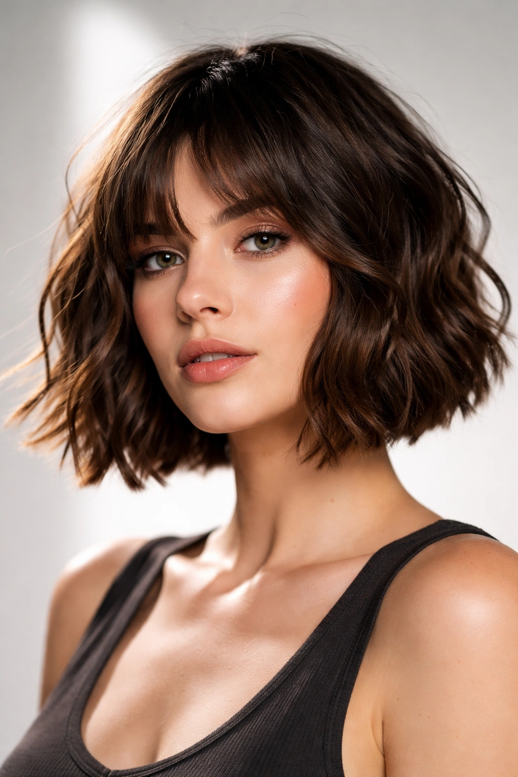 Choppy blunt bob with a crisp silhouette and textured ends.