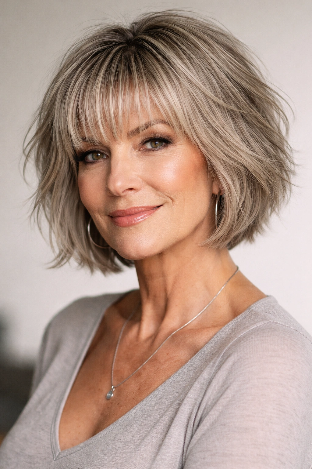 Mature woman with a choppy bob and choppy bangs.
