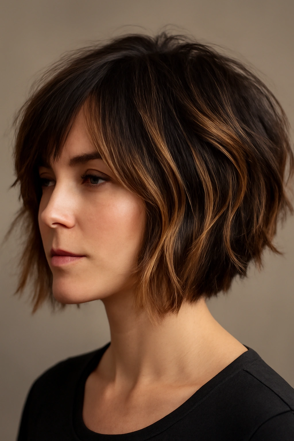 12 Short Haircuts With Highlights That Truly Stand Out 3 Choppy bob with caramel ribbons and textured layers