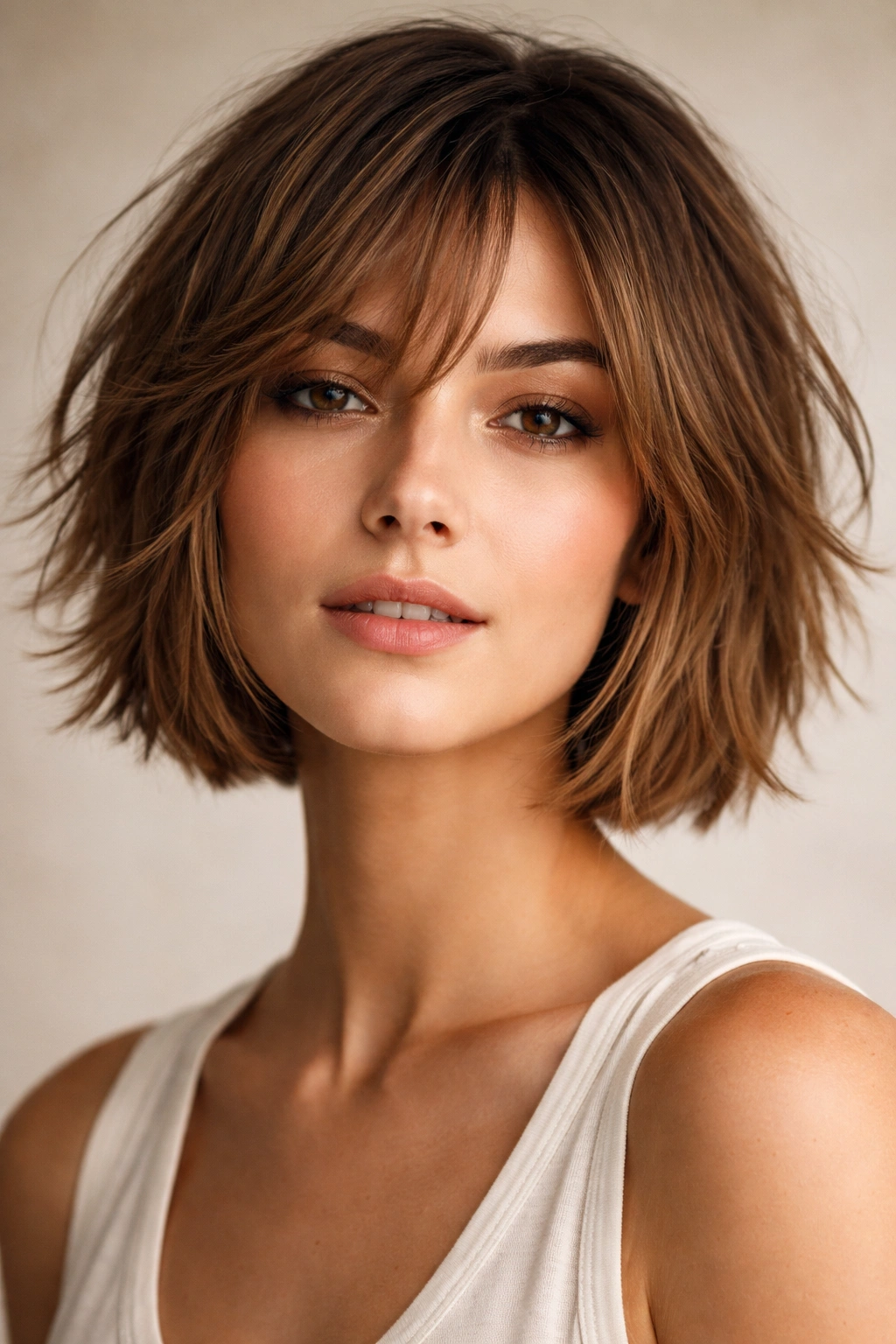 10 Short Haircuts That Grow Out Without Awkwardness 3 Front view of a person with a chin-length choppy bob and irregular textured layers