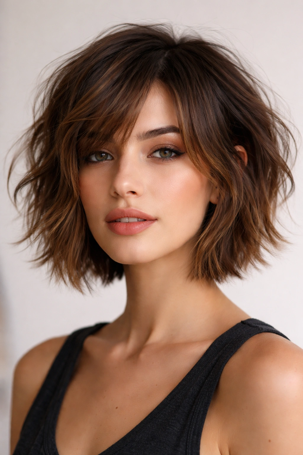 Close portrait of a choppy bob with layered ends for movement