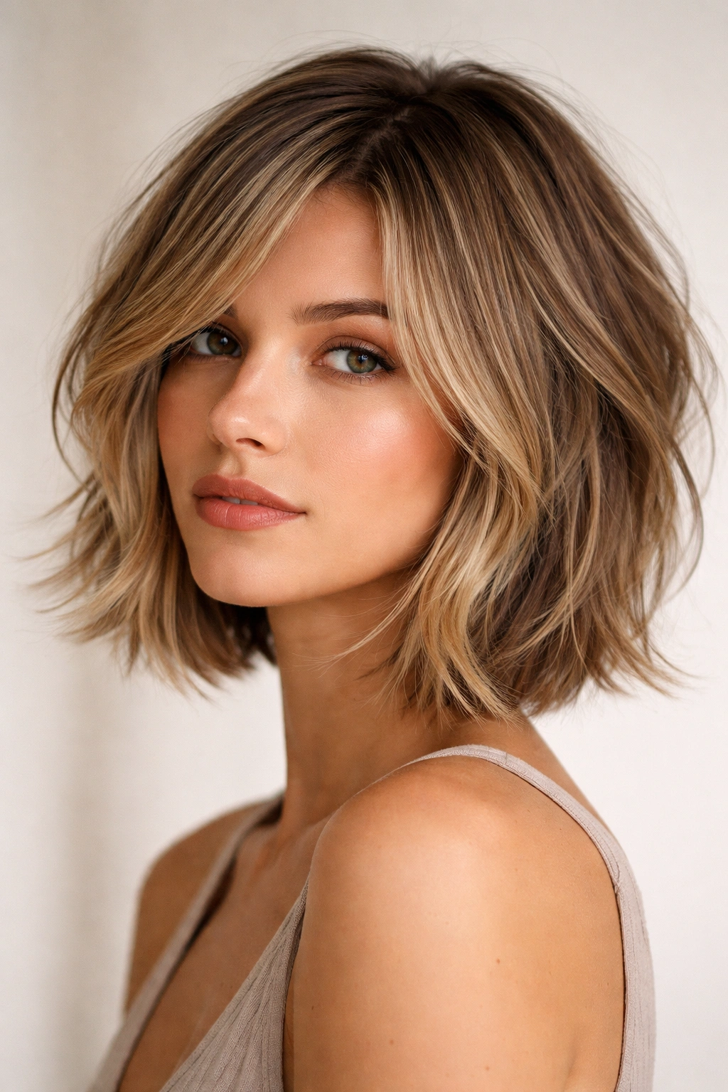 Choppy bob with long textured layers and side-swept framing