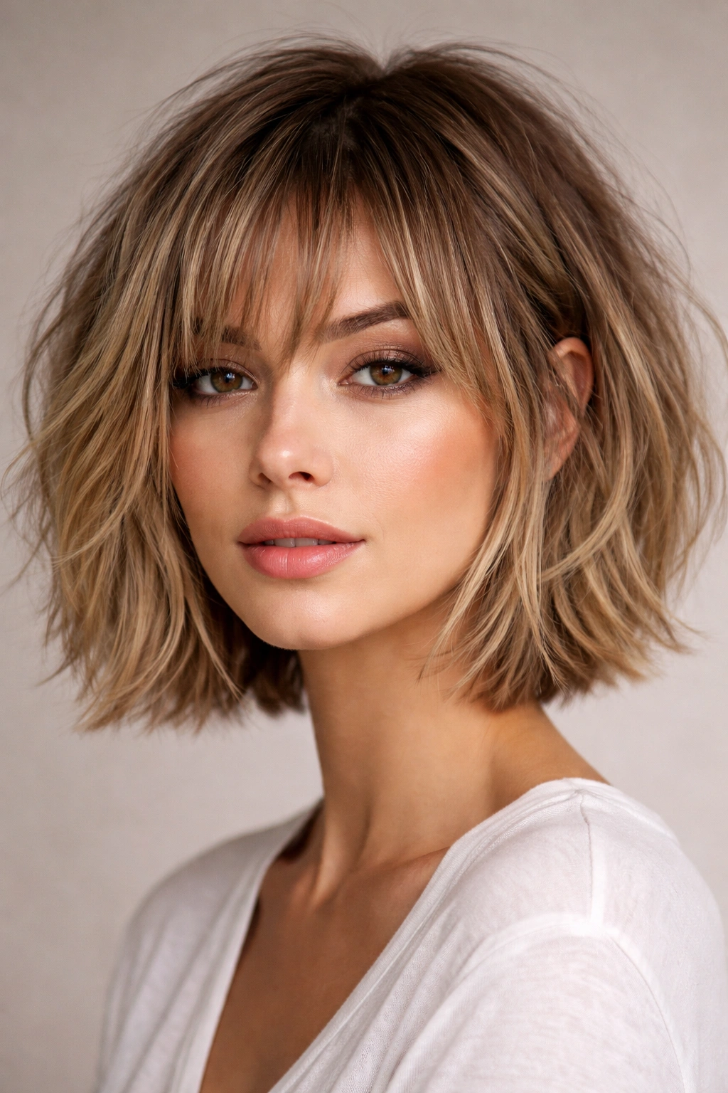 Choppy bob hairstyle with piece-y bangs and face-framing texture