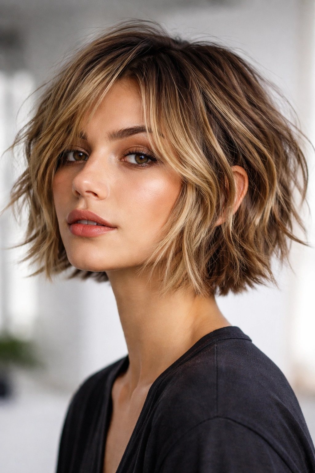 Choppy piece-y bob at ear length with uneven layers and texture.