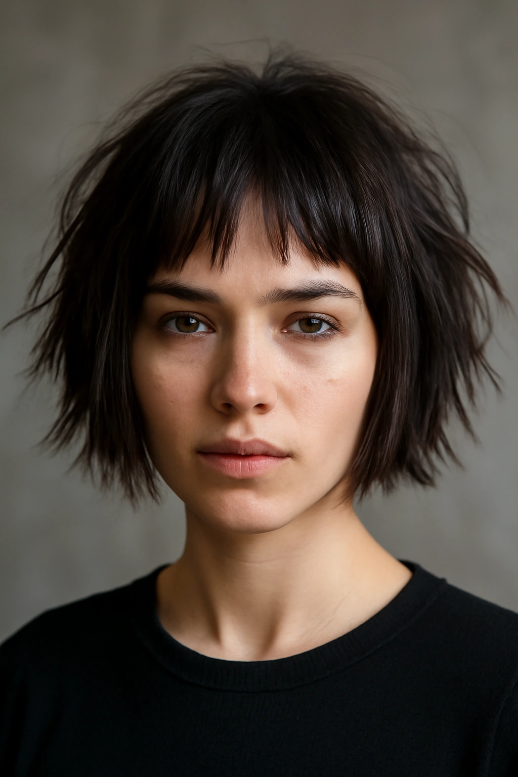 18 Short Bob Cuts For Fine And Thick Hair Alike 4 Close-up portrait of a person with a choppy bob featuring jagged ends.