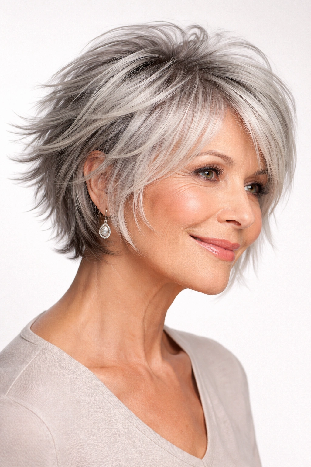 Choppy layered bob with edgy texture in gray tones