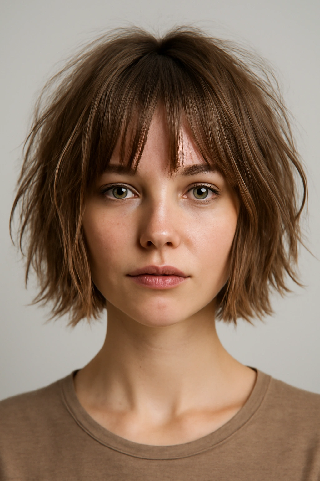 Front view of chin-length choppy bob with varied layers and texture