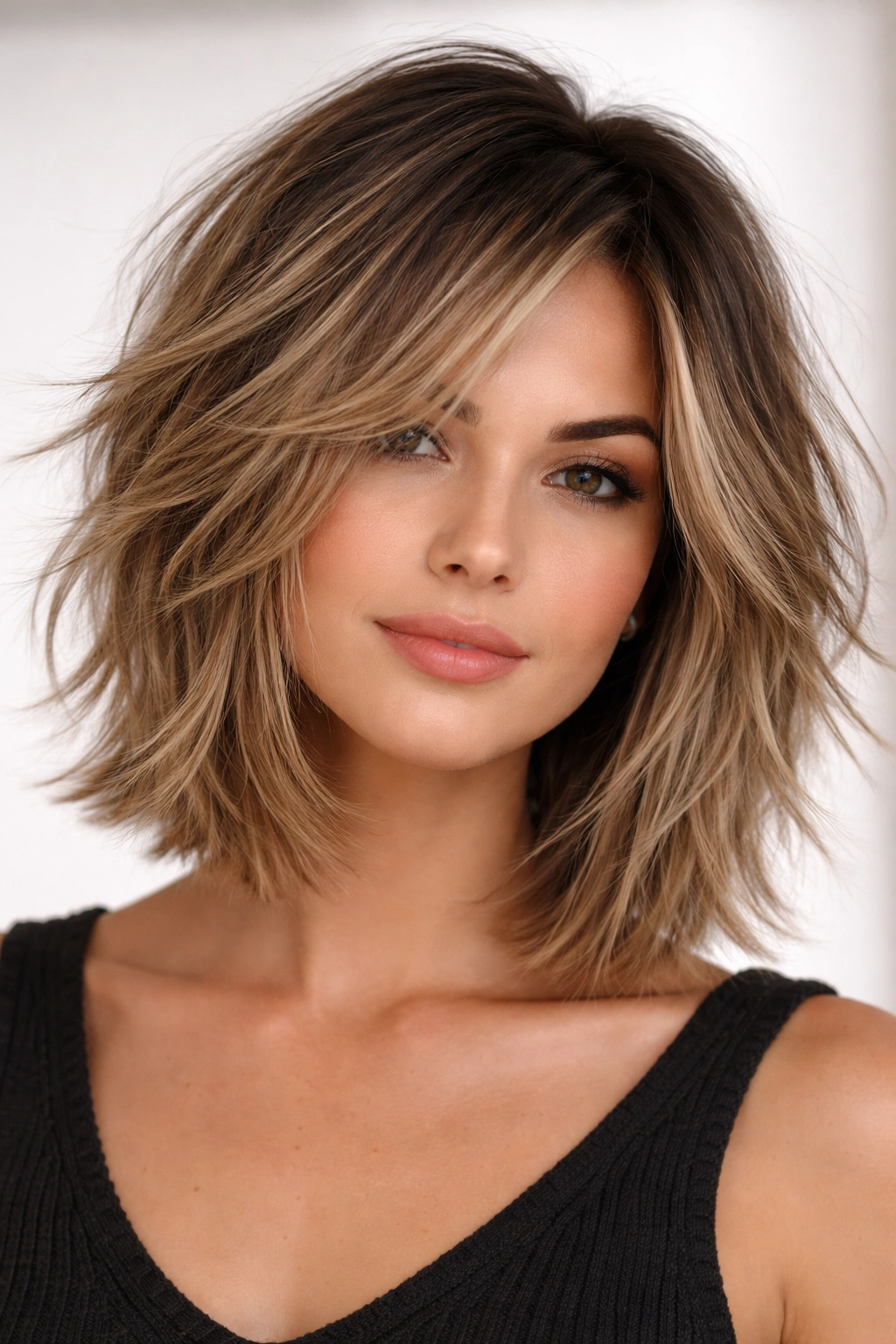 Close-up of a collarbone-length bob with dramatic, choppy layers