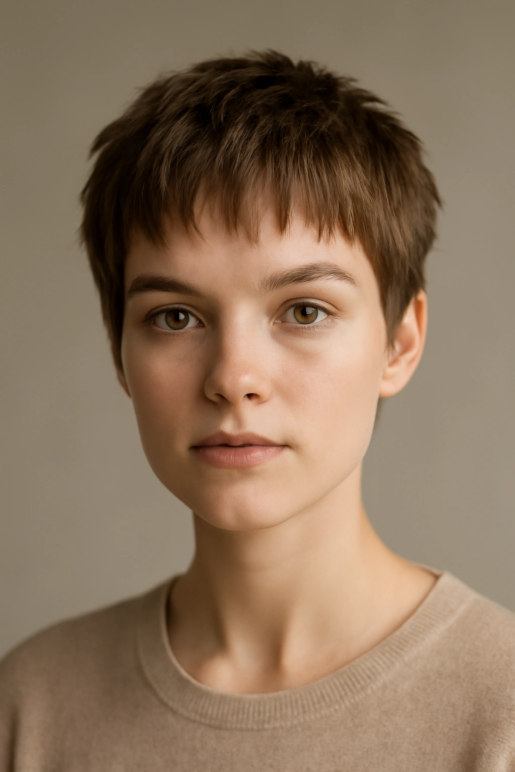 Short choppy crop with soft bangs to soften square jawline.