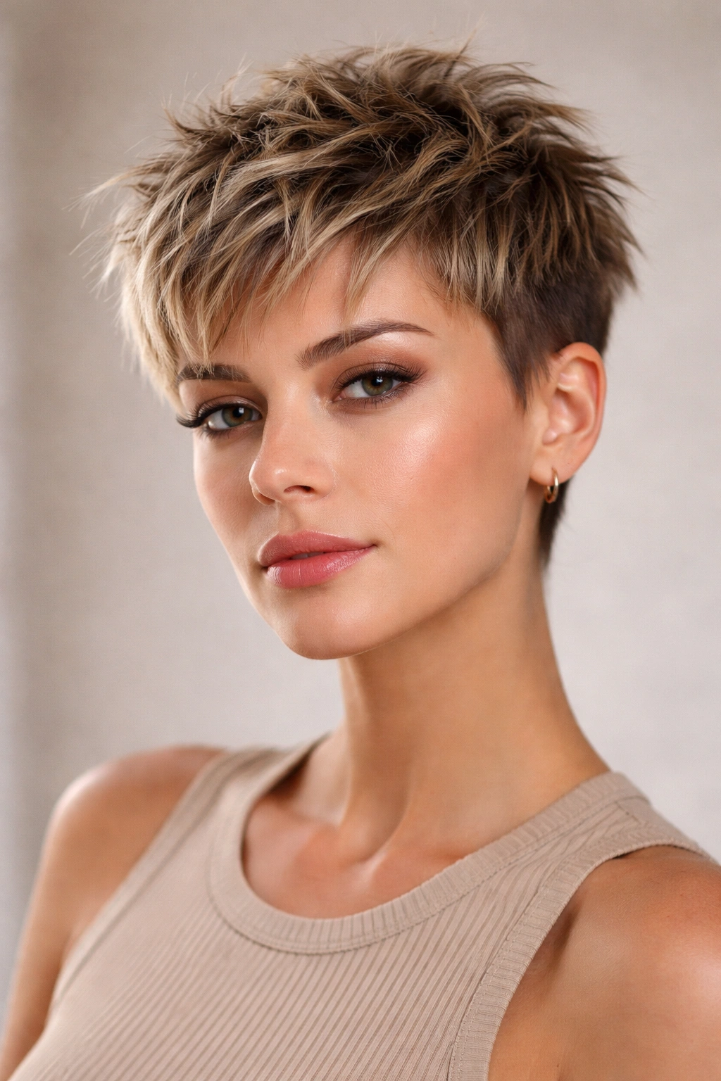 15 Choppy Short Haircuts Loaded With Texture 7 Close-up portrait of a choppy crop cut with a textured crown highlighting volume around the crown.