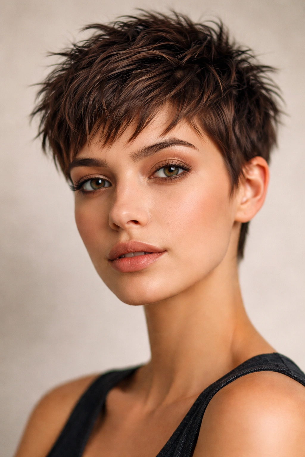 Close-up of an ultra-short choppy crop hairstyle with textured layers