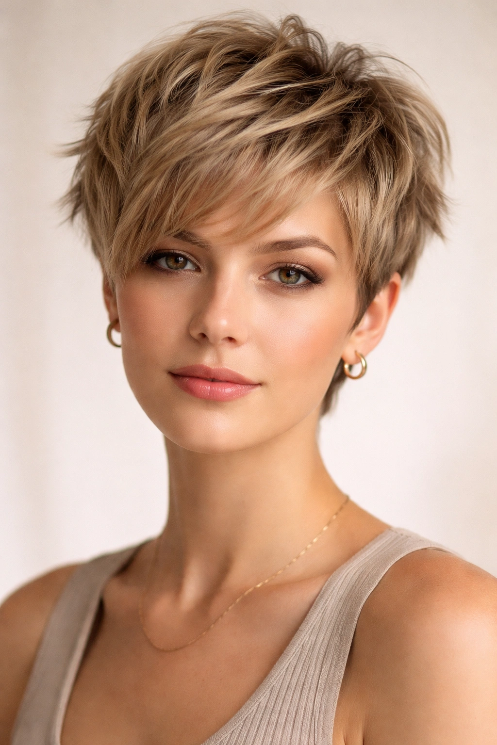Close-up of a model with a choppy crop showing layered top and rounded silhouette