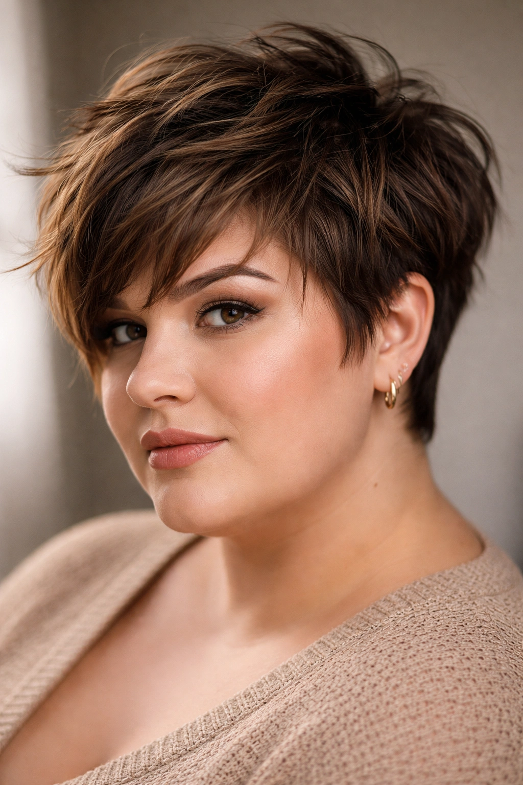 12 Short Haircuts For Plus Size Women With Round Faces 5 Choppy crop with multi-length textured layers creating tousled texture