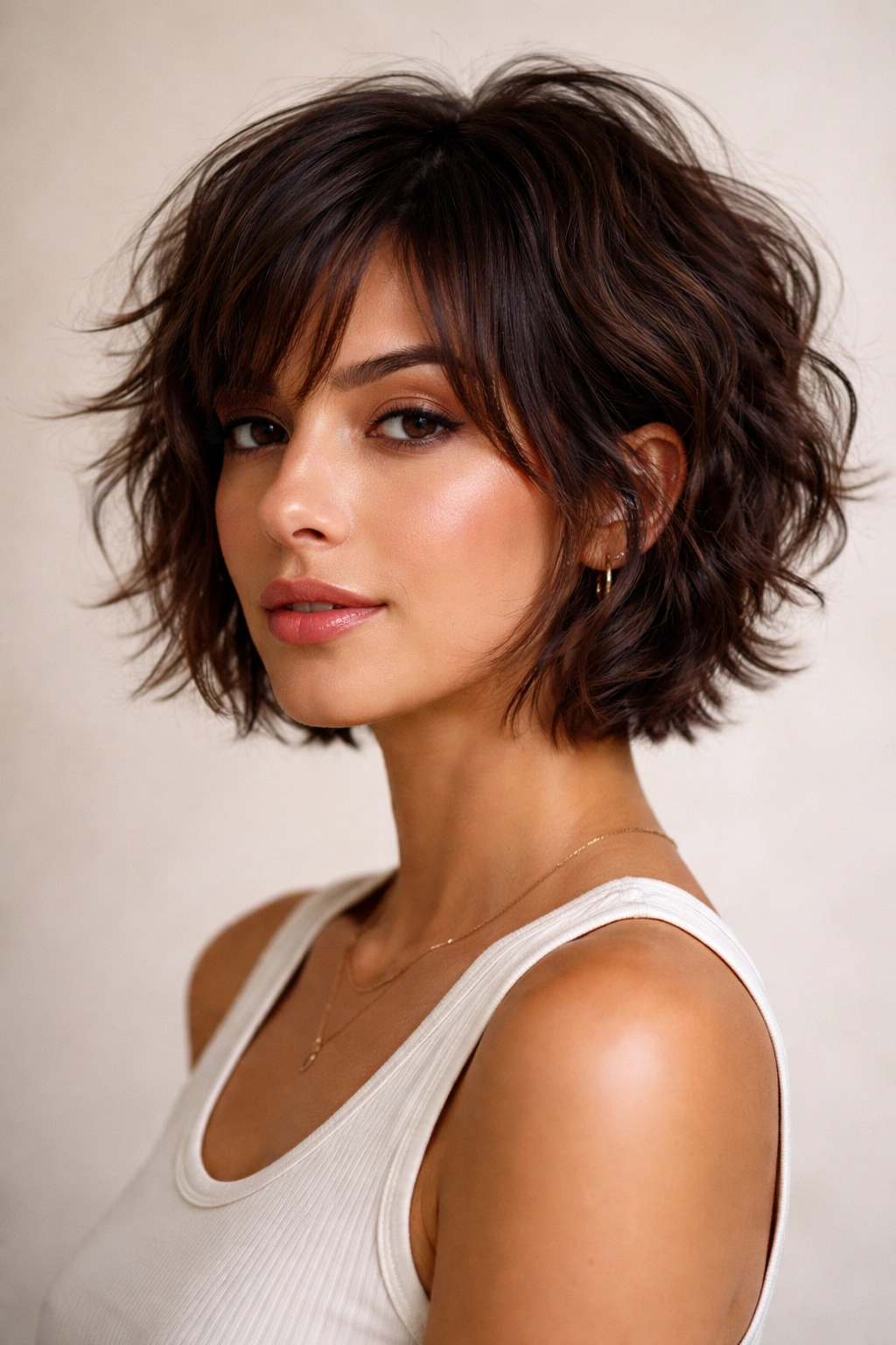 Portrait of a choppy crop with face-framing layers for mixed-texture hair.