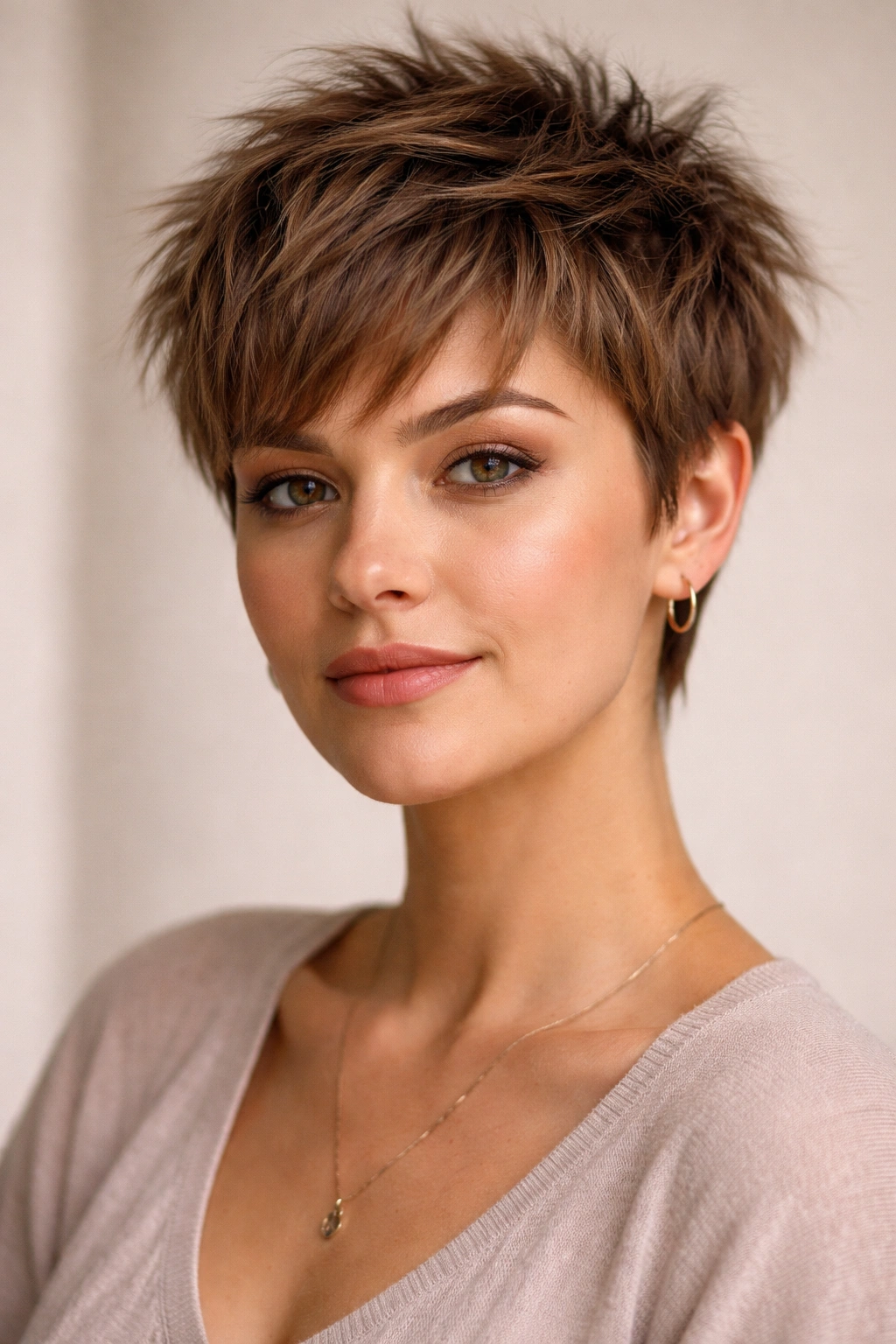25 Short Haircuts Matched To Your Face Shape 7 Close-up portrait of a person with a short, choppy crop for pear-shaped faces in studio lighting