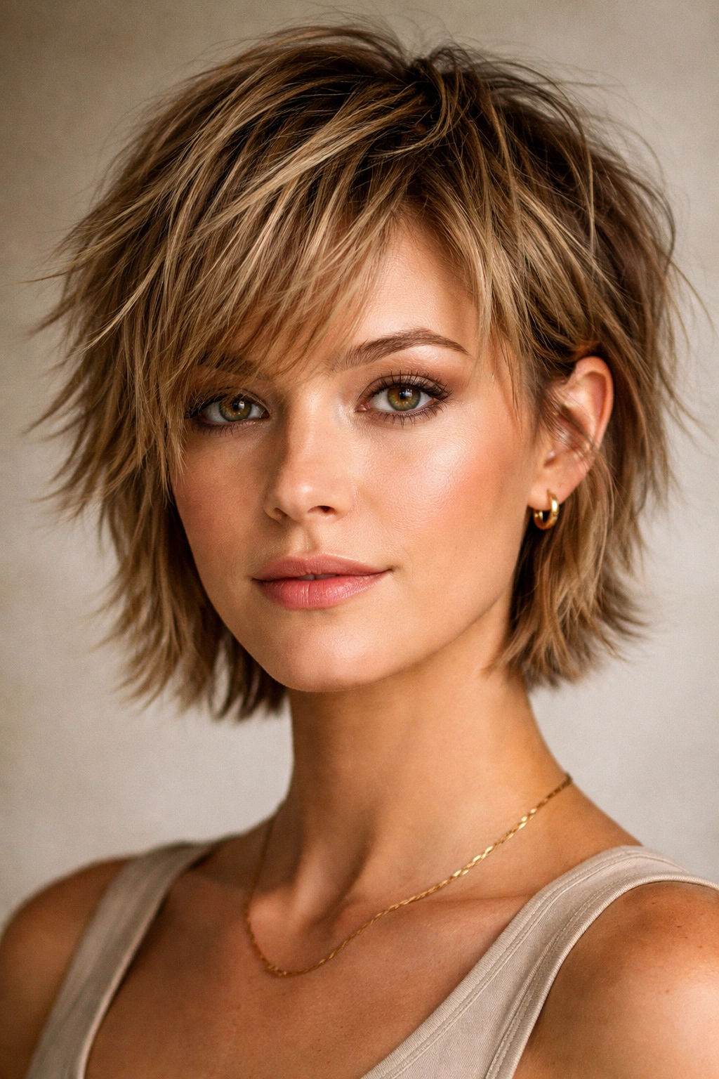 Short choppy crop with uneven layers around the temples