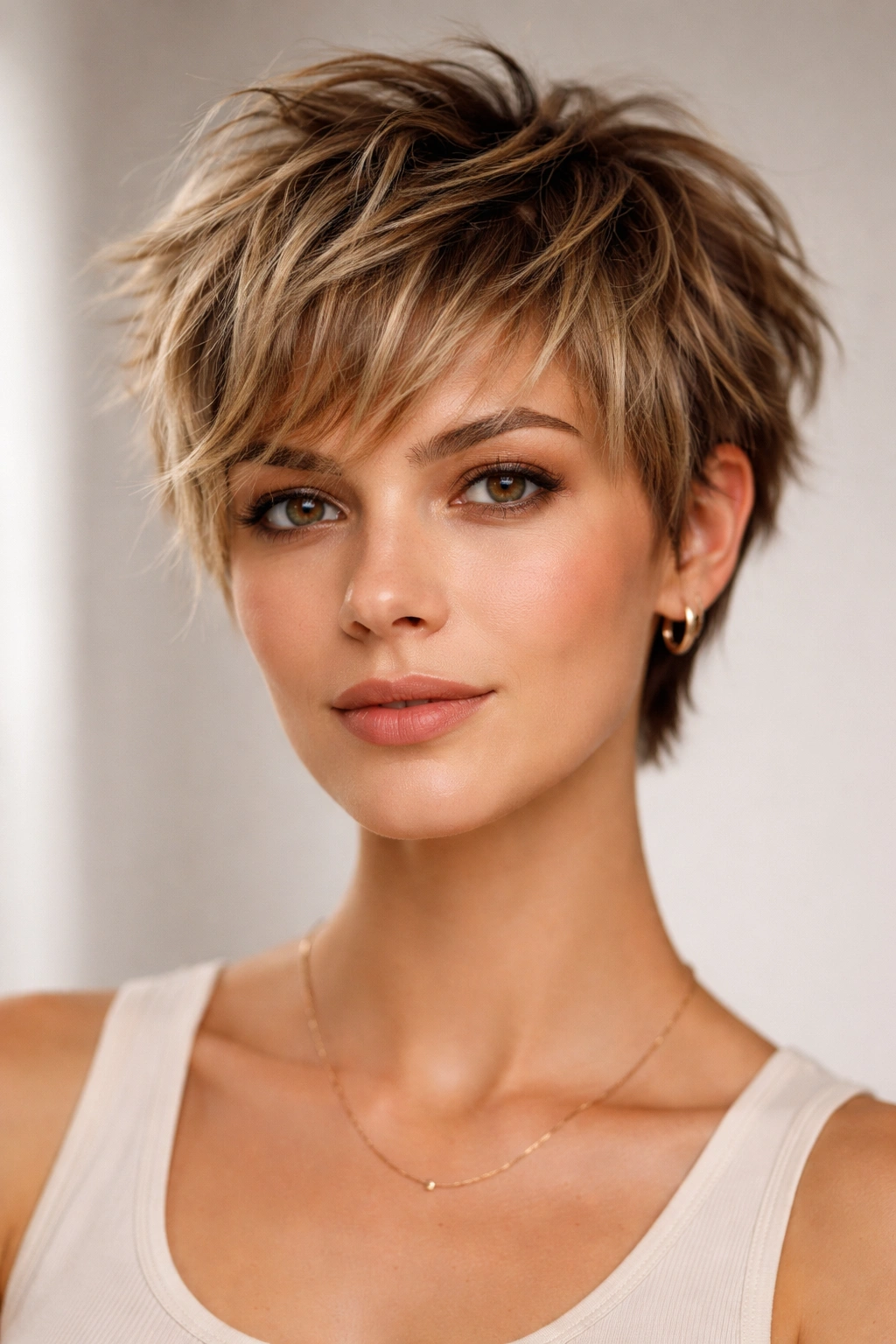 Front view of choppy crop with textured crown showing volume