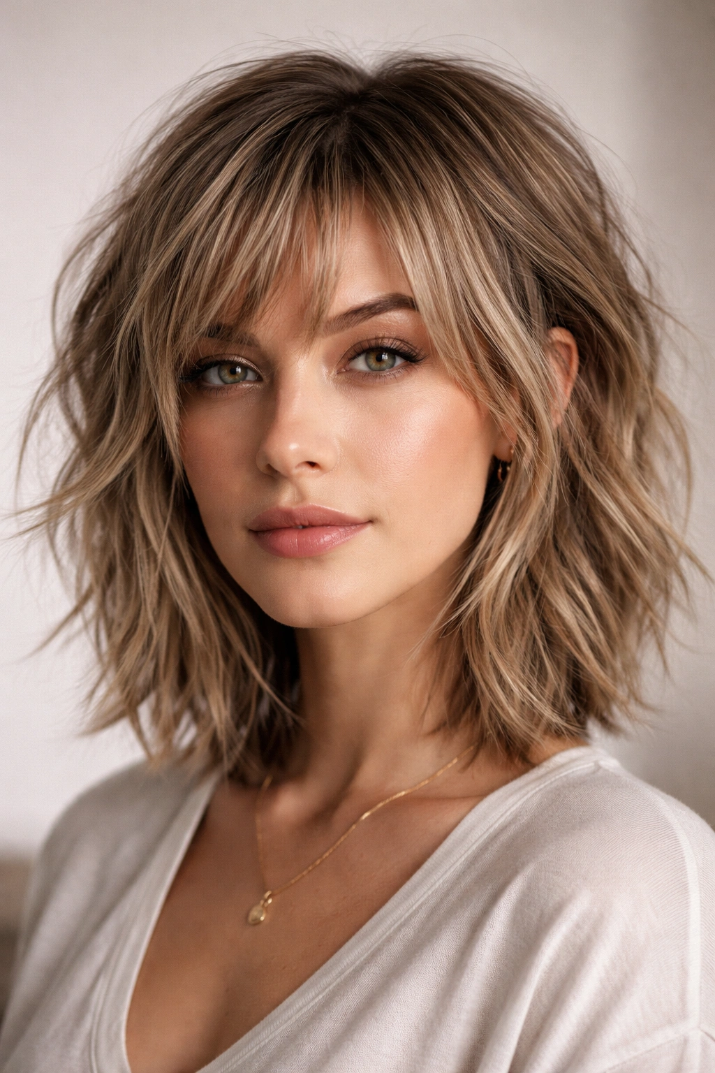 Choppy crop hairstyle with textured layers and edgy look.