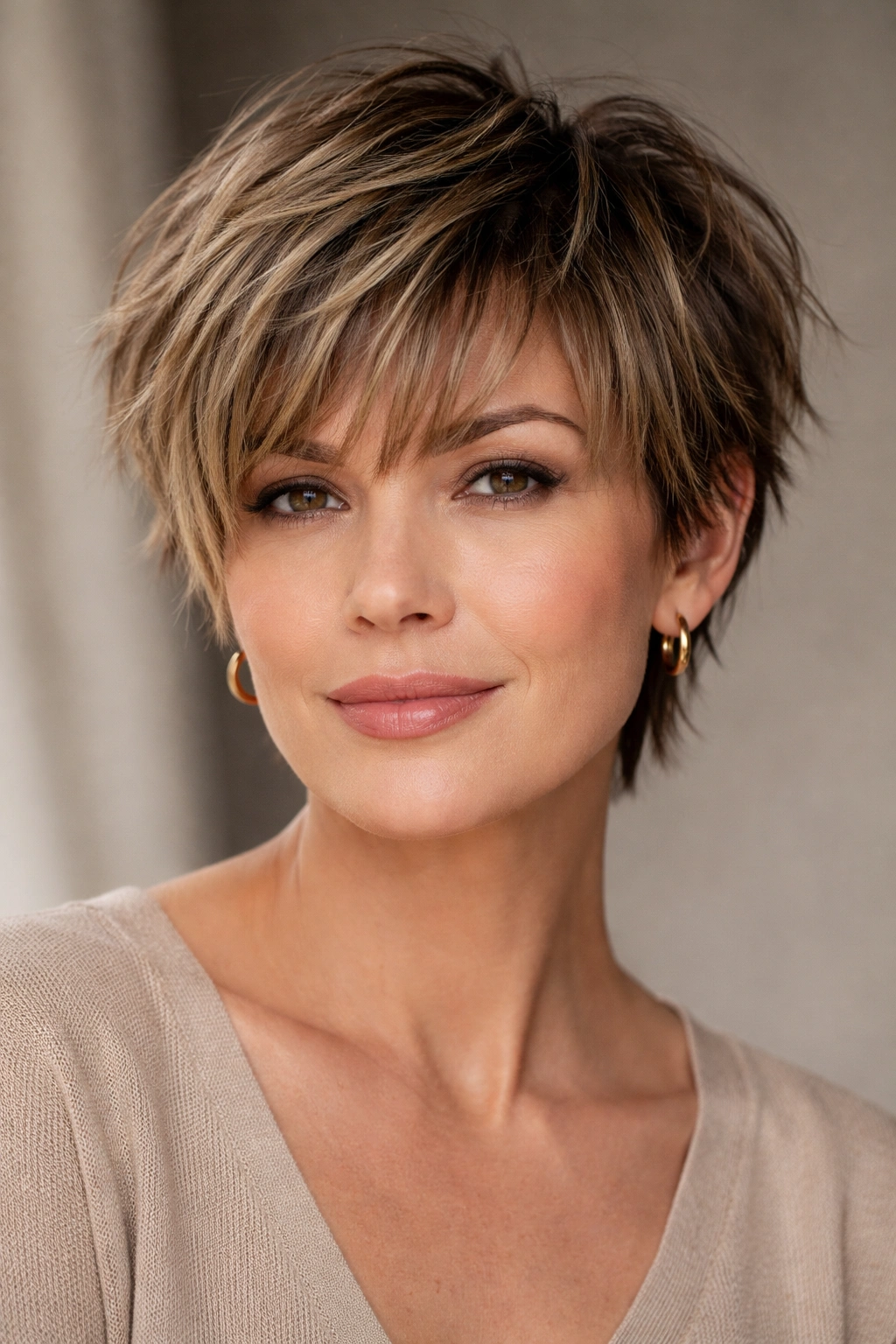 Model wearing a short choppy crop with textured bangs under studio lighting