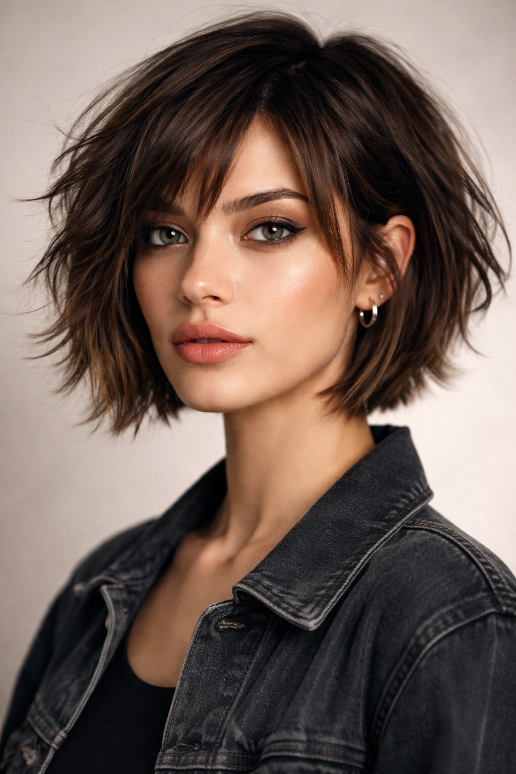 Close-up of a chin-length choppy cropped bob with textured layers