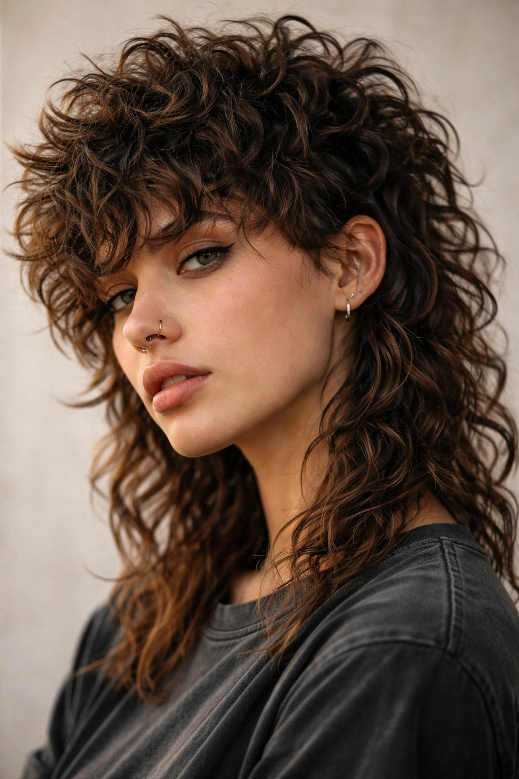 12 Curly Mullet Cuts With Serious Texture And Body 12 Headshot of a choppy curl mullet with jagged layers and defined texture.