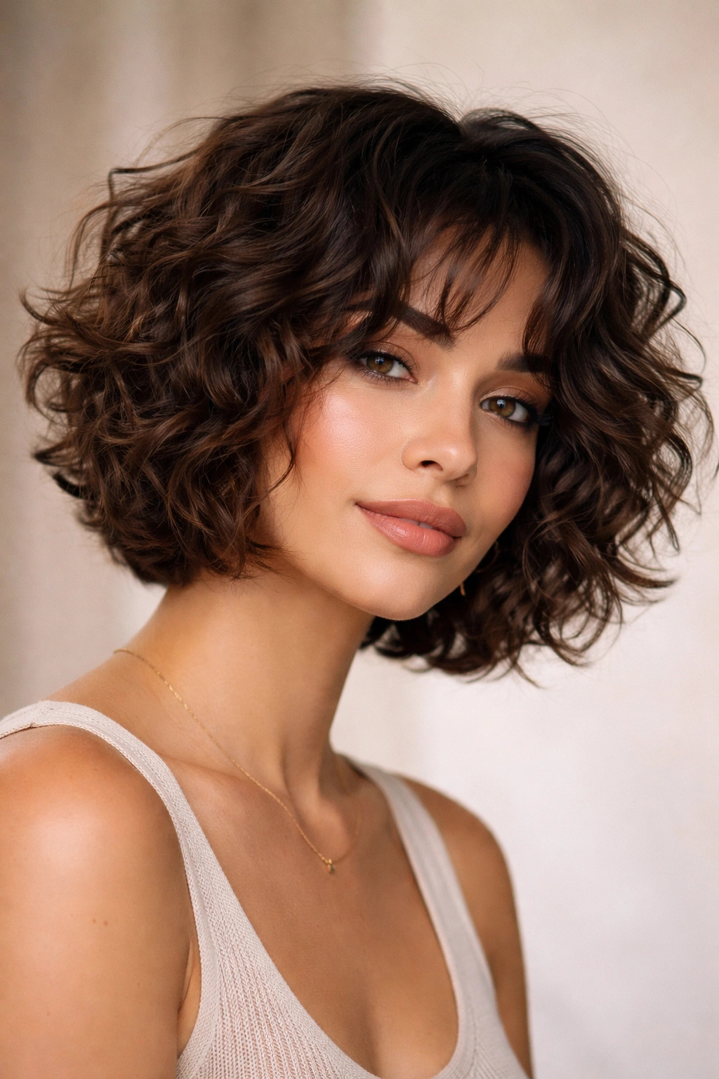 Close-up of chin-length choppy layered curly bob showing texture and movement