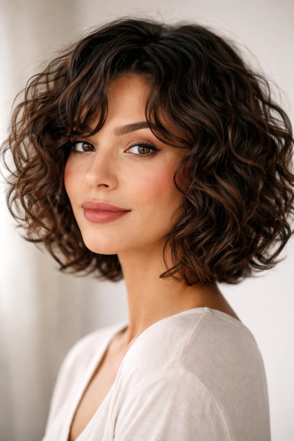 25 Bob Cuts Matched To Your Face Shape And Hair 13 Heart-shaped face model with a choppy textured curly bob showing defined ends